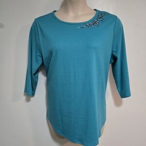Quacker Factory Size XL Aqua Blue Multi-Sparkle 3/4 Sleeve Knit Top A463976